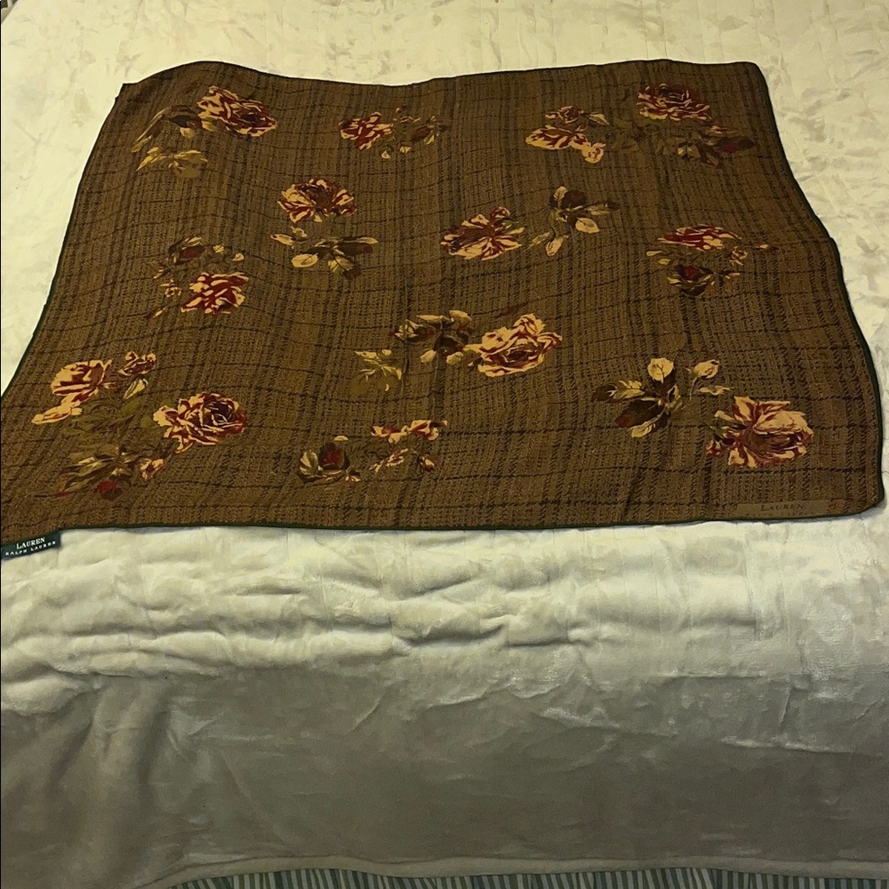 Lauren Ralph Lauren Floral Brown Rust Beige Forest Green Pale peach square scarf